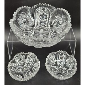 Set of 3 Antique McKee Glass Pres‎ Cut Crystal Bowls WILTEC Pattern 1913 8.5"